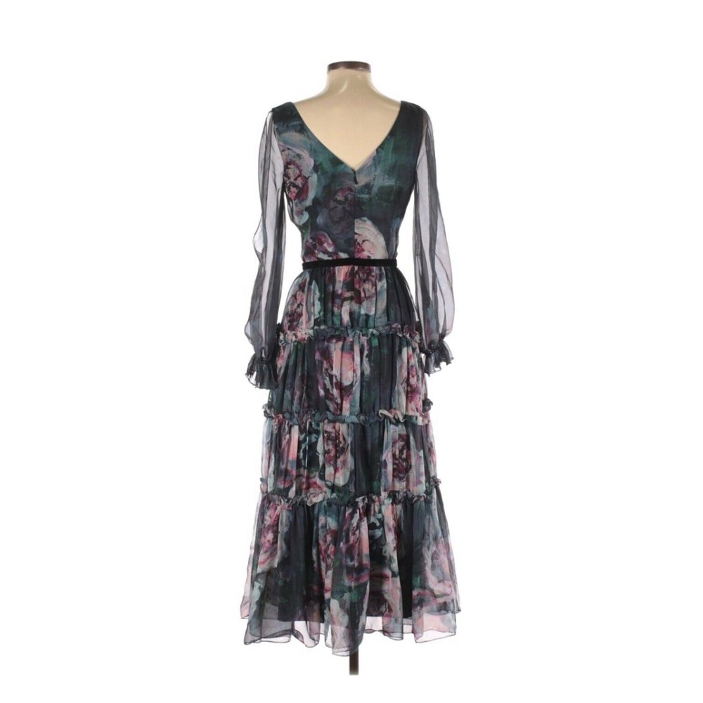 Marchesa Notte Floral Ribbon Waist Chiffon Tiered Midi Party Wedding Dress Sz 2